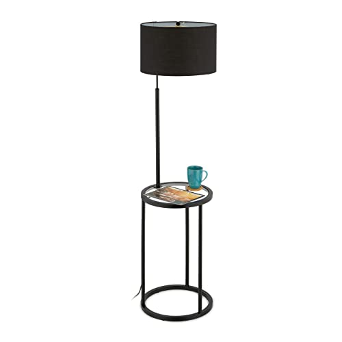 Relaxdays Stehlampe mit Tisch, Stoffschirm, E27-Fassung, Stahl & Glas, Wohnzimmer Standleuchte, schwarz, 153 x 40 x 40 cm