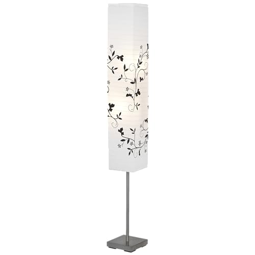 Lightbox Basic Stehlampe mit Blumen Muster - 145 x 18 cm - funktionale Stehleuchte mit Reis-Papier Schirm & Fußschalter - 2 x E14, max. 40 W - aus Metall/Papier - in Eisen/Weiß/Grau