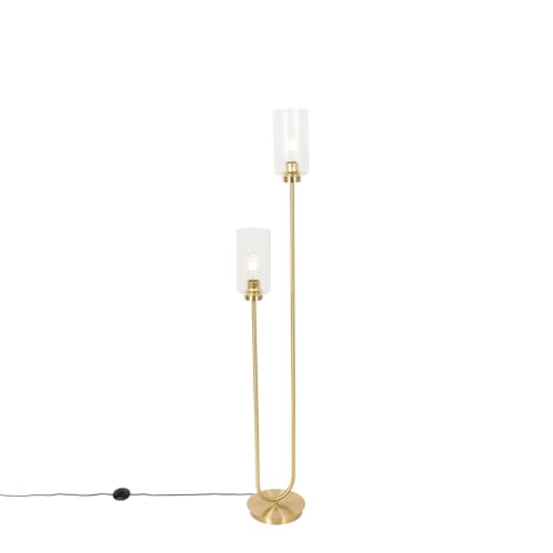 Qazqa - Art Deco Art-Deco-Stehlampe Gold I Messing mit Glas 2-flammig - Laura I Wohnzimmer I Schlafzimmer - Länglich - LED geeignet E27