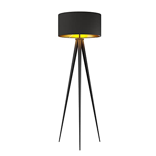 Lindby/Tripod Stehlampe schwarz gold, Stehleuchte Metall Textil Fussschalter, Standleuchte 1x E27 max. 60W, ohne Leuchtmittel