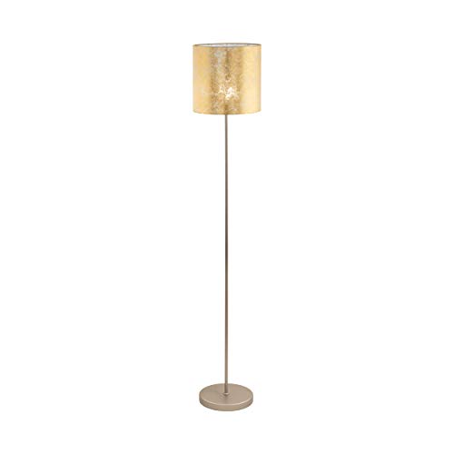 EGLO Stehlampe Viserbella, Vintage Stehleuchte, Standleuchte aus Stahl und Textil, Wohnzimmerlampe in Champagner, Gold, Lampe mit Tritt-Schalter, E27 Fassung
