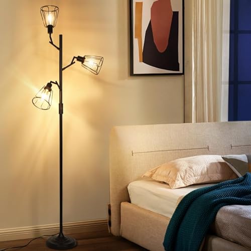 OTREN Stehlampe Dimmbar mit Fußtaster,3 Flammige Vintage Stehlampe mit E27 Leuchtmittel 1600 Lumen Leselampe, Lampe für Wohnzimmer Schlafzimmer Büro Esszimmer