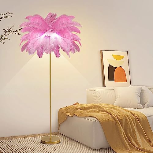 KOSHSH Federlampe Stehlampe Wohnzimmer Gold, 160CM LED Feder Stehlampe Mit 3-Farbig Dimmbarem Moderne Stehlampe Mit Federn Für Schlafzimmer (Rosa)