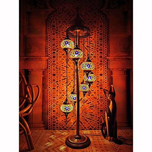 BOTOWI Türkische Marokkanische Mosaik-Stehlampe Mit 7 Köpfen, Handgefertigt, Einzigartiges Boho-Deko-Nachtlicht Für Wohnzimmer, Schlafzimmer, Büro,Orange