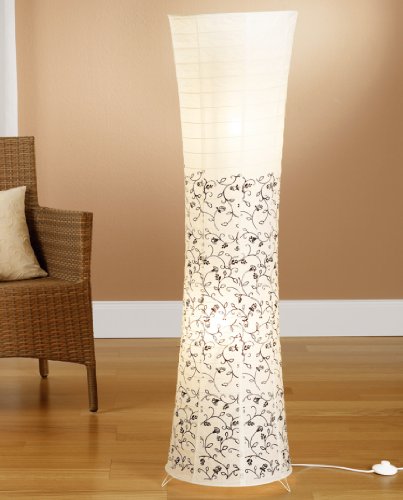 Trango 1240L Modern Design LED Reispapier Stehlampe *KOS* in Rund Weiß mit floralem Muster Papierlampe, 125cm Hoch incl. 2x E14 LED Leuchtmittel als Wohnzimmer Deco Lampe, Standleuchte, Lampenschirm