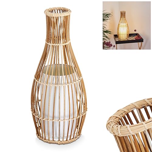 Tischlampe Saranda, Vintage Tischleuchte aus Bambus/Stoff in Natur/Weiß, Ø 18 cm, E27-Fassung, Leuchte im Boho-Style mit An-/Ausschalter am Kabel, ohne Leuchtmittel