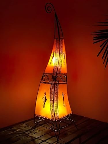 Orientalische Stehlampe Marrakesch orange 100cm Lederlampe Hennalampe Lampe | Marokkanische Große Stehlampen aus Metall, Lampenschirm aus Leder | Orientalische Dekoration aus Marokko, Farbe Orange