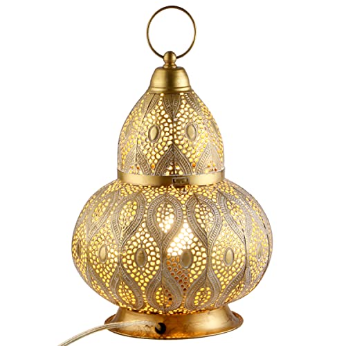 Orientalische kleine Tischlampe Lampe Noumi 32cm Gold Weiss E27 | Marokkanische Tischlampen klein aus Metall, Lampenschirm Goldfarbig | Nachttischlampe modern,Vintage, Retro & Landhaus Stil Design