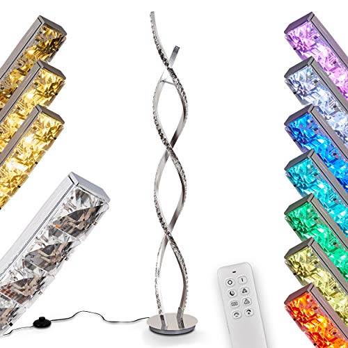 LED Stehleuchte Pouan, moderne Stehlampe aus Aluminium/Kunststoff in Chromfarben/klar, LED 36 Watt, 1400 Lumen, 3000 Kelvin, über Fernbedienung dimmbar, mit Farbwechsler, mit Fußschalter am Kabel