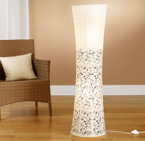 Trango 1240 Modern Design Reispapier Stehlampe *KOS* Reispapierlampe in Weiß Rund mit floralem Motive Stehleuchte 125cm Hoch, Wohnzimmer Deko Lampe, Stehlampe mit Lampenschirm