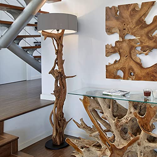 Möbel Bressmer BLUMA Stehlampe Teakholz - 100% Handarbeit aus nachhaltigem Holz - Sockel 30cm Höhe 180cm - Treibholz Lampe Wohnzimmer inkl. Lampenschirm Grau
