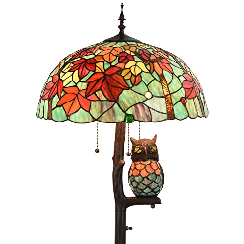 Bieye L30841 Maple Leaves Stehlampe aus Buntglas im Tiffany-Stil mit 18 Zoll breitem Lampenschirm, Eulen-Beistelllampe, 4-flammig, 65 Zoll hoch