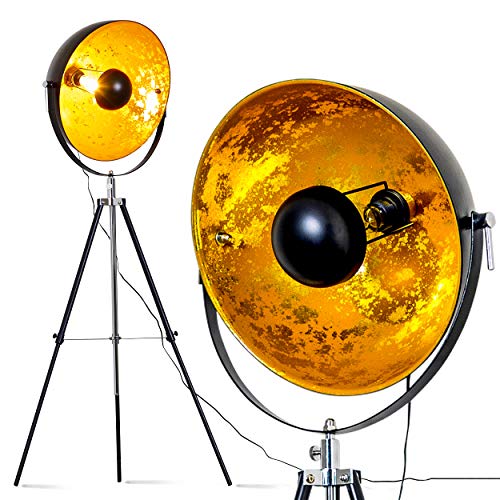 Stehlampe Saturn, Vintage Stehleuchte mit Lampenschirm in Gold/Schwarz aus Metall, Ø 50 cm, E27-Fassung, verstellbare Bodenleuchte im Retro-Design, ohne Leuchtmittel