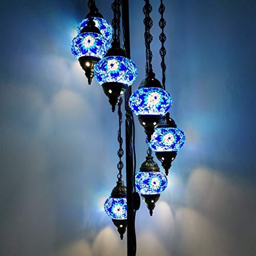 Stehlampe mit Erdung, 7 Kugeln, handgefertigt, türkisch, marokkanisch, Tiffany-Stil, Glas, Stehlampe, inklusive Leuchtmittel, Variationen (blauer Stern)