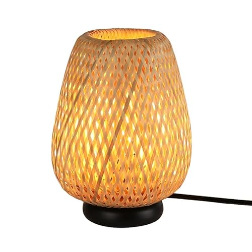 Naturale Bambus Rattan Weiden Schirm Tischlampe im nordischen Vintage-Stil mit schwarzer E27 LED Lampenfassung für Schlafzimmer Nachttisch