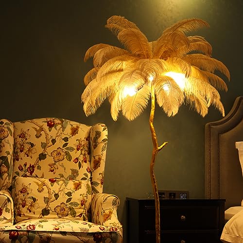 KISFWIU Stehlampe, Straußenfederlampe mit 35 Federn, Goldener Lampenmast aus Harz, große Stehlampe, geeignet für Schlafzimmer und Wohnzimmer, 170 x 110 cm (Camel)