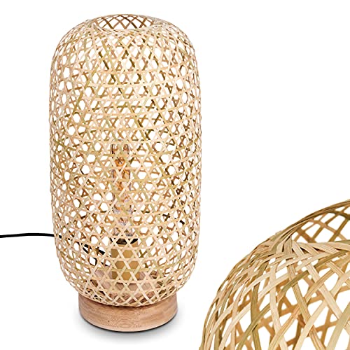 Tischleuchte Batumi, Tischlampe aus Bambus in Natur, Stehlampe im skandinavischen Design m. Lichteffekt u. An-/Ausschalter am Kabel, Höhe 45 cm, Ø 22 cm, 1-flammig, 1 x E27, ohne Leuchtmittel