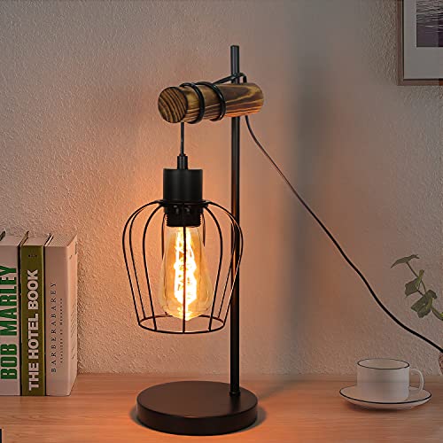 ZMH Retro Tischlampe 1 flammige Vintage Nachttischlampe Wohnzimmer Tischleuchte im Industrial Design aus Metall und Holz - Schwarz - Fassung: E27 - inkl. Schalter - ohne Leuchtmittel (50CM)