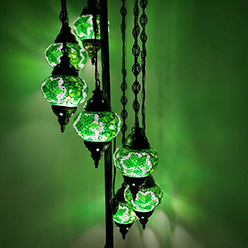Stehlampe mit Erdung, 7 Kugeln, handgefertigt, türkisch, marokkanisch, Tiffany-Stil, Glas, Stehlampe, inklusive Leuchtmittel, Grün