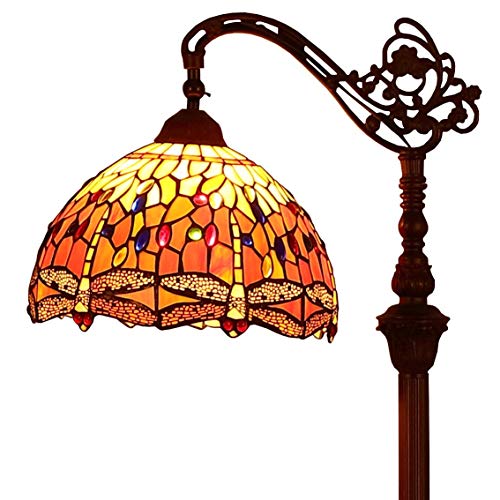 Bieye L30713 Libelle Tiffany Stil Glasmalerei Stehleuchte mit 12 Zoll breiten Lampenschirm Metallfuß, 62 Zoll groß, Orange