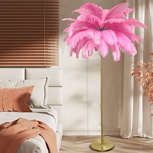 KOSHSH Feder Stehlampe mit 3 Farben dimmbar,Moderne Stehlampe für Wohnzimmer Schlafzimmer Kinderzimmer, Deko Ecke Stehlampe mit Fußschalter G4*6 (pink)