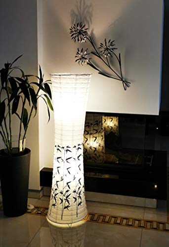 Trango Design Stehlampe 1217L *BEIJING* Reispapierlampe *HANDMADE* in Weiß mit Bambus Motiv inkl. 2x 5 Watt E14 LED Leuchtmittel - Form: Rund - Höhe: ca. 125cm Wohnraumlampe - Stehleuchte - Reispapier
