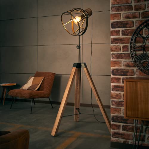 Lightbox rustikale Dreibein-Lampe - höhenverstellbare Stehleuchte mit schwenkbarem Kopf mit Fußschalter - Metall/Holz Schwarz/Stahl - 1,6m Höhe