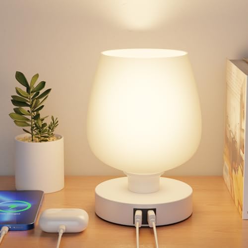 BokiHuk LED Nachttischlampe mit Glas-Schirm, Dimmbar Nachtlichter für Kinder mit 3 Farbtemperaturen, Tischleuchte mit 2 USB Ladeanschlüsse für Schlafzimmer Wohnzimmer Babyzimmer