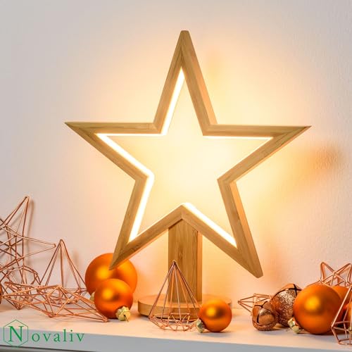 Novaliv Bambus LED Stern mit Standfuß 35 cm Naturholz Tischleuchte LED Warmweiß Weihnachtsstern beleuchtet Moderne Weihnachtsdeko Leuchtstern für Festliche Atmosphäre Nachttischlampe Xmas Lights
