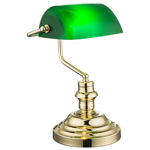 Schreibtischlampe Gold Retro Tischlampe Vintage Bankerlampe Grün Messing Nachttischlampe Metall Bankers Lamp Lampenschirm Stehlampe Acrylglas Höhe 36 cm