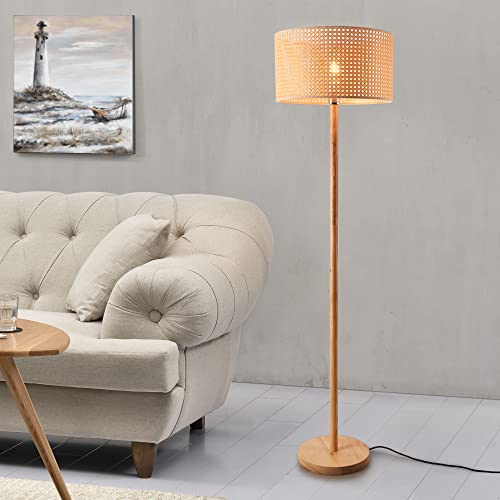 lux.pro Stehleuchte Rochdale Stehlampe E27 mit Fußschalter Standlampe für Wohnzimmer Schlafzimmer aus Holz und Rattan Stimmungslicht Gelbbraun
