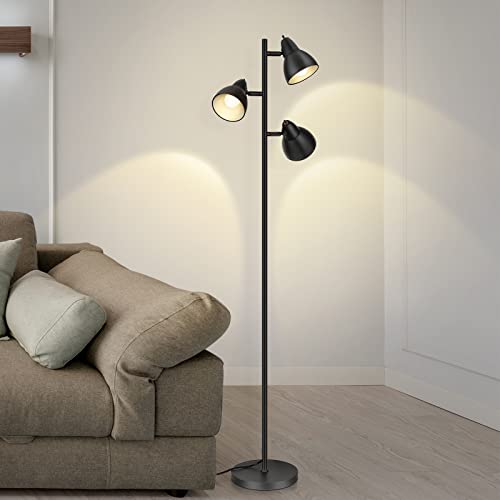 EDISHINE Stehlampe Wohnzimmer, 3-flammige Retro Stehlampe Schwarz, Schwenkbare Stehleuchte mit Individuellen Schalter für Wohnzimmer, Schlafzimmer und Büro, CE zertifiziert