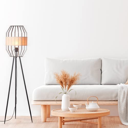 Lightbox dekorative Dreibein-Lampe - Stehleuchte im Nature-Style mit Fußschalter - Metall/Textil Schwarz/Natur - 1,5m Höhe