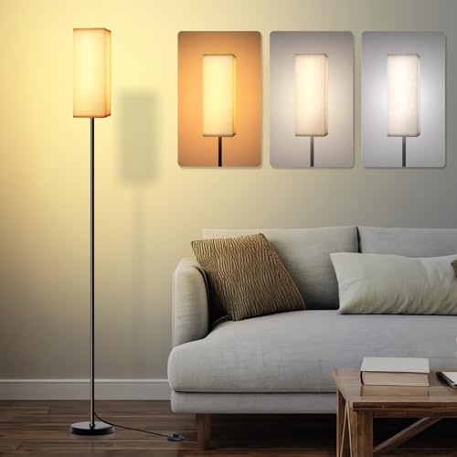 Lithomy LED Stehlampe Schwarz 9W, E27 Dimmbare LED-Stehlampe mit 3 Farbtemperaturen, Stehlampen mit quadratischem Leinenlampenschirm und Fußschalter, Stehlampe Vintage für Wohnzimmer und Schlafzimmer