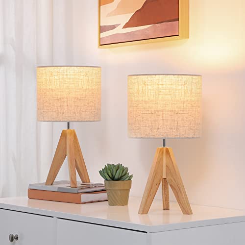 EDISHINE 2er Set Nachttischlampe aus Holz, Stativ Tischlampe E27 Fassung, vintage beiger Lampenschirm aus Leinen, für Schlafzimmer, Wohnzimmer, CE-Zertifiziert