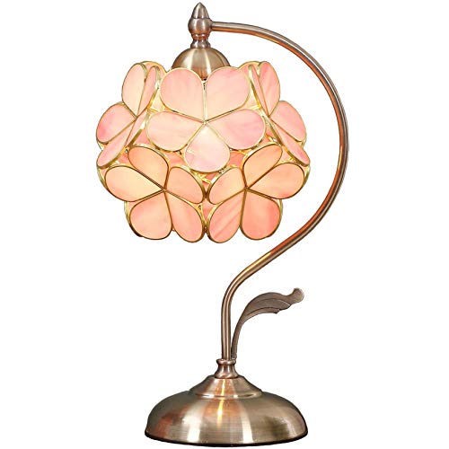 BIEYE L30732 Kirschblüte Tischleuchte aus Buntglas im Tiffany-Stil mit 21 cm breitem Blumenlampenschirm Vintage Messingfuß, 42 cm hoch (Rosa)