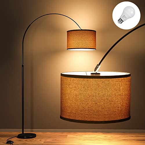 Modlicht 165  180 cm Bogenlampe Wohnzimmer Stehlampe JASMIN | Inklusive LED E27 9W 3000K Glühbirne | Fussschalter | Stoffschirm Leinen beige, klassische Bogenleuchte geeignet für Schlafzimmer, Hotel