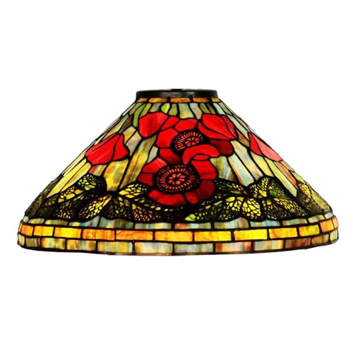 BOTOWI Tiffany Lampenschirm 16  breites Zubehör Ersatz nur Mohn Buntglas Lampenschirme Vintage rote Blumen grüne Blätter Lichtabdeckung für Tischlampe Stehlampe Pendelleuchte Deckenleuchten