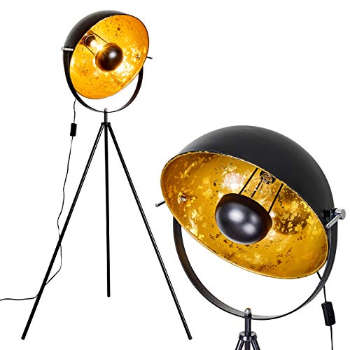 Stehleuchte Saturn, Vintage Stehlampe mit Lampenschirm in Gold/Schwarz aus Metall, Ø 43 cm, verstellbare Bodenleuchte im Retro-Design, ohne Leuchtmittel