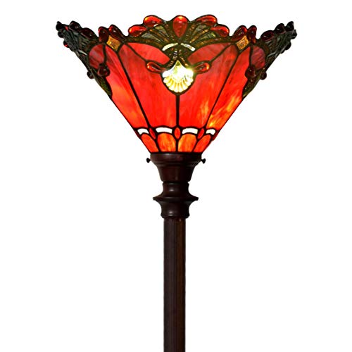Bieye L30682 Tiffany-Stil Glasmalerei Barock Torchiere Stehlampe mit 13 Zoll breiten Lampenschirm und Metallfuß, 71 Zoll groß, rot