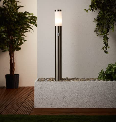 Lightbox Wegelampe für den Garten - Spritzwassergeschützte Stehleuchte mit Dämmerungsschalter für LED-Kranz - Stehlampe mit einstellbarem Bewegungsmelder - Metall/Kunststoff Edelstahl - 78cm Höhe
