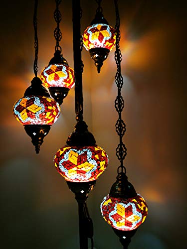 Earthed Stehlampe, 5 Kugeln, handgefertigt, türkisch, marokkanisch, arabisch, Bohemian-Stil, orange/rot, Glas