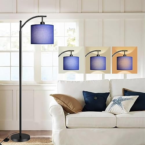 Depuley Arc Stehlampe mit 3 Farbtemperaturen, moderne Stehleuchte für Wohnzimmer, Leselampen für Schlafzimmer, 8W LED Birne, Schwarz mit blauem Schirm