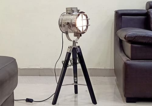 Nautische Dreibein Tischlampe Industrial Schwarz Retro Stil Spots Suchscheinwerfer Holz Stehlampe Kino Film Requisiten für Wohnzimmer Schlafzimmer