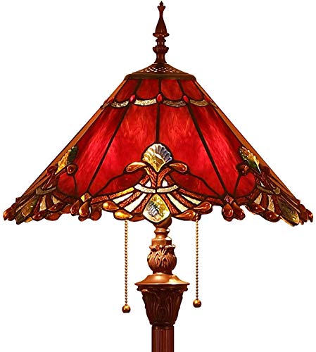Bieye L30242 Tiffany-Stil Glasmalerei Barock Stehlampe mit 17 Zoll breitem Lampenschirm und Metallfuß 2-Licht Zugkettenschalter, 65 Zoll hoch, rot