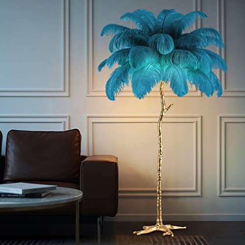 KISFWIU Stehlampe, Straußenfederlampe mit 35 Federn, Goldener Lampenmast aus Harz, große Stehlampe, geeignet für Schlafzimmer und Wohnzimmer, 170 x 110 cm (Blue)