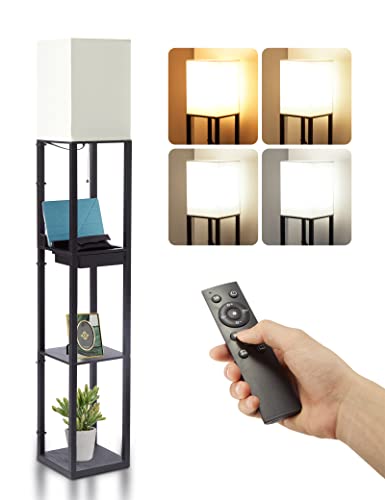 HOMEDEMO Stehlampe mit Regal aus Massivholz, E27 LED Glühbirne stufenlos dimmbar und Farbtemperatur einstellbar, Stehleuchte mit 2 USB-Ladeanschlüsse für Wohnzimmer, Schlafzimmer