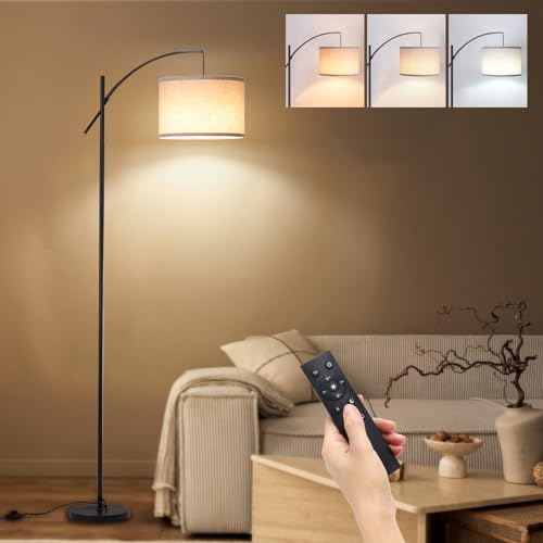 FIMEI Bogen-Stehlampe fürs Wohnzimmer, 74 , dimmbare LED, stufenlos einstellbare Farbtemperatur, hohe Stehleuchte mit Trommelschirm, Fernbedienung, 9W LED-Birne, ideal für Lesen, Schlafzimmer, Büro