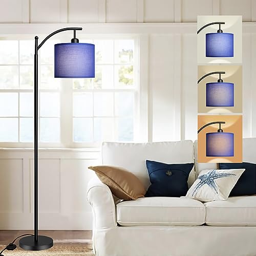 Depuley Stehlampe Modern Wohnzimmer, Bogenlampe mit blau Stoffschirm, E27 Glühbirne Fußschalter, leselampe mit 3 Farbtemperaturen, 156cm Stehleuchte für Studio, Schlafzimmer, Arbeitszimmer,Büro