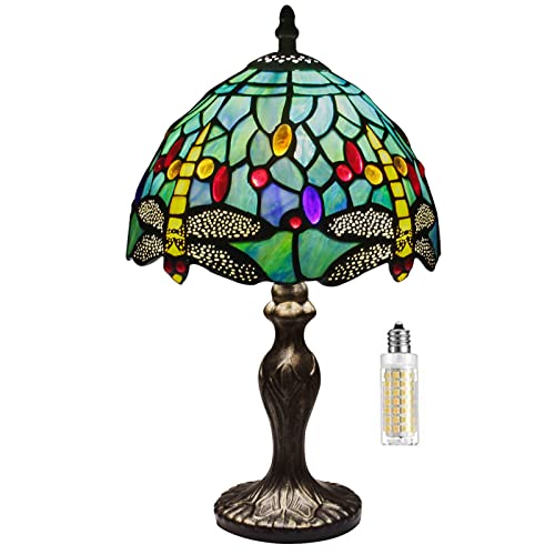 MIAOKE Tiffany Style Tischlampe, VintageTischlampe Handcraft Glasmalerei Lampenschirm Tischlampen für Schlafzimmer Nachttischlampe Arbeitszimmer Office (Grüne Libelle)